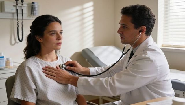 Doctor listening to female patient heartbeat with stethoscope during outpatient clinic exam