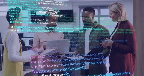 Tech Team Collaborating with Code in Modern Office