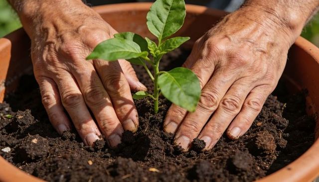Weathered hands planting young green seedling in terracotta pot, nurturing garden growth