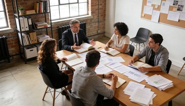 Senior executive leading collaborative strategy meeting with diverse team around table