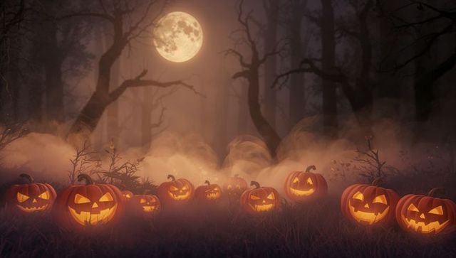 Enchanted Forest at Full Moon with Glowing Pumpkins and Mystical Fog