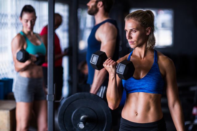 Confident woman lifting dumbbells in gym, showcasing strength and determination. Ideal for fitness blogs, workout programs, gym advertisements, and health-related articles.