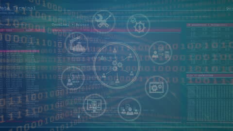 Futuristic Digital Interface with Binary Code and Tech Icons