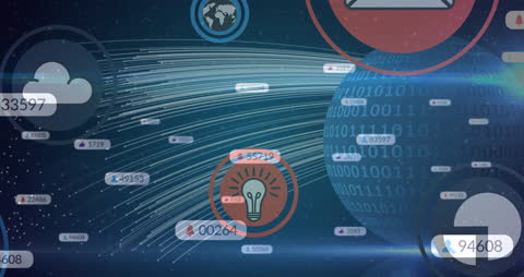 Digital Social Media Icons Floating Over Binary Code Globe