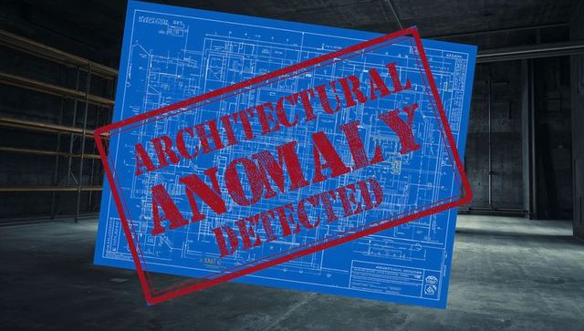 Blueprint marked architectural anomaly detected over industrial basement floor plan
