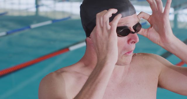 Competitive Swimmer Adjusting Goggles in Indoor Pool - Download Free Stock Images Pikwizard.com