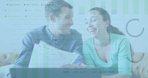 Couple Planning Finances with Digital Data Overlay