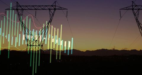 Power grid data visualization at dusk showing transmission towers with overlaid charts