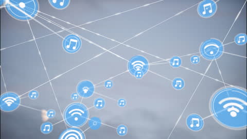 Digital Network of Music and Wifi Icons Against Cloudy Sky