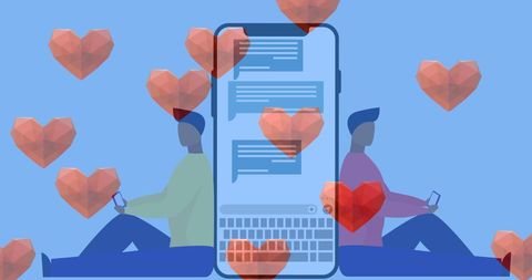 Couple Separated by Technology with Floating Hearts