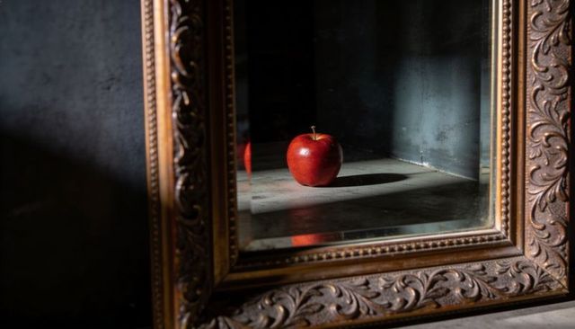 Red apple reflecting in ornate antique mirror frame with dramatic chiaroscuro lighting