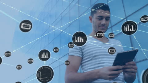 Young Professional Using Tablet with Digital Network Overlay