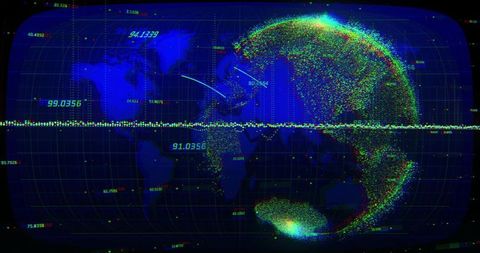 Neon digital globe projecting global data points, telemetry heatmap and futuristic hud