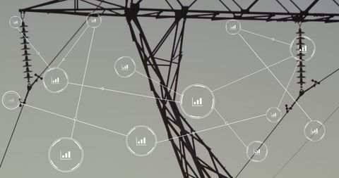 Digital Networking Concept Over Electricity Pylons Illustrating Global Connectivity