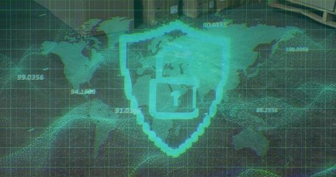 Digital Shield with Padlock Over World Map Grid Background Interface