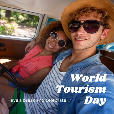 couple celebrating world tourism day in camper van - Download Free Stock Templates Pikwizard.com
