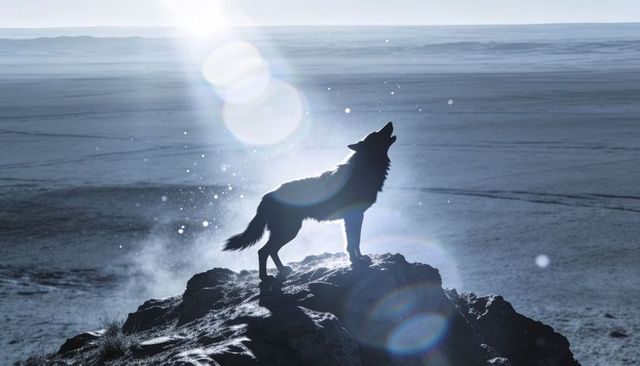 Howling wolf silhouette on rocky outcrop over frozen tundra with dramatic rim light