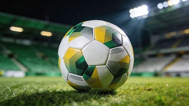 Resting soccer ball shining under stadium floodlights on green turf at night close-up