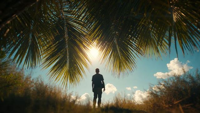 Silhouette of Man Under Palm Fronds in Tropical Landscape
