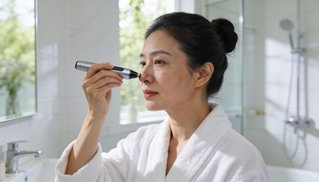 Middle-aged asian woman grooming nose with electric trimmer in bright modern bathroom
