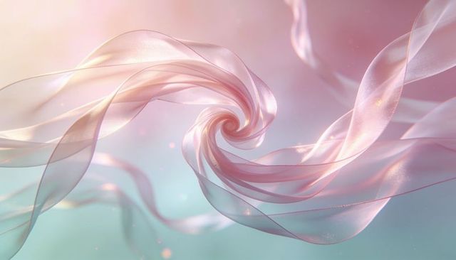 Swirling pastel ribbon spiral forming ethereal gradient with sparkle bokeh and silky motion