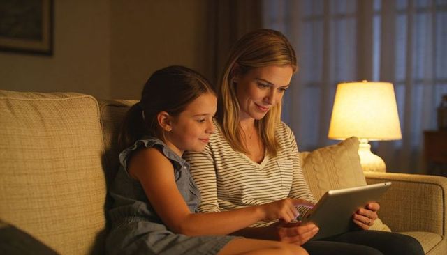 Evening family moment mother guiding daughter using tablet on cozy living room couch