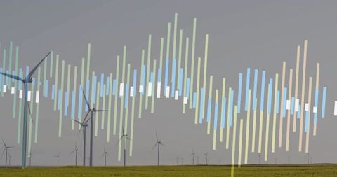 Wind turbines spinning over prairie with pastel waveform overlay for renewable energy