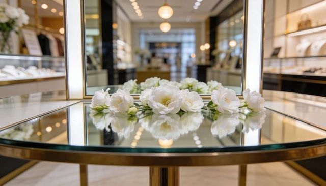 White floral bouquet reflecting on mirrored glass table in luxury jewelry boutique