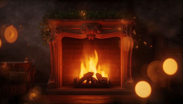 Glowing ornate carved fireplace radiating warm light across hardwood hearth, burning logs