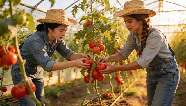 Two women harvesting ripe tomatoes in greenhouse wearing straw hats and denim overalls