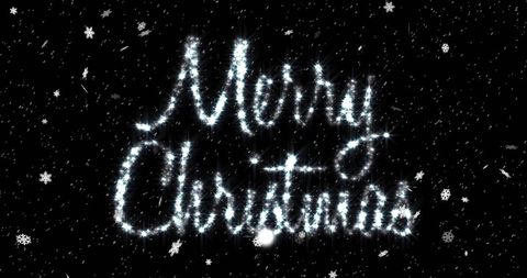Sparkling Merry Christmas Text with Falling Snow on Black Background