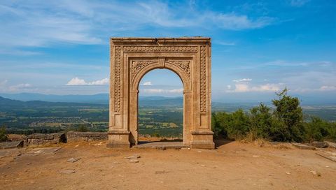 Ornate stone arch framing panoramic valley view from hilltop ruin with keystone reliefs