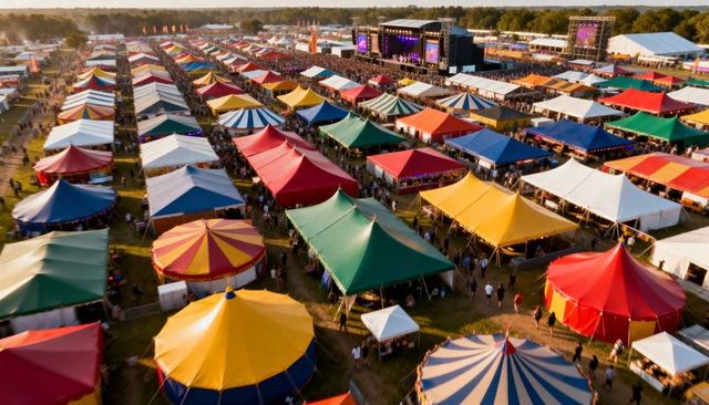 Aerial festival panorama featuring colorful tents, main stage and crowds at golden hour
