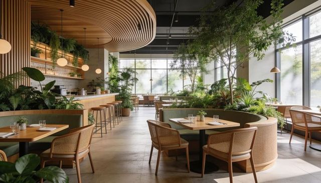 Curved green banquette anchoring biophilic cafe interior with rattan seats and sunlight