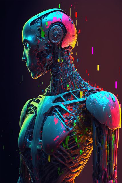 Futuristic colorful cybernetic female android, depicted in vibrant neon colors, conveying a high-tech and sci-fi ambiance. Ideal for use in technology websites, sci-fi movies, futuristic game designs, digital art displays, innovation tech articles, AI and robotics marketing material.