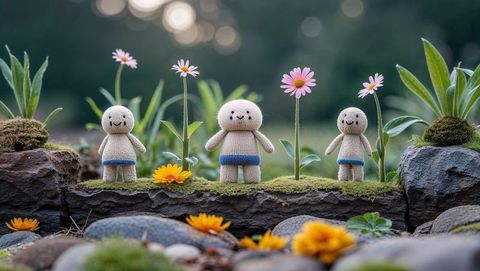 Cherished crocheted dolls in serene garden display artistic charm