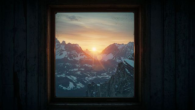 Majestic Sunrise over Mountain Peaks Framed by Wooden Window