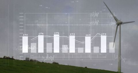 Wind Turbine with Data Overlay on Grassy Hillside