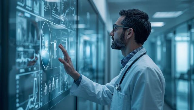 Physician using interactive medical display with brain scans in hospital corridor