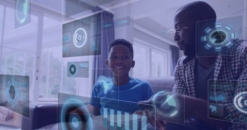 Father and Son Interacting with Digital Interfaces in Futuristic Home