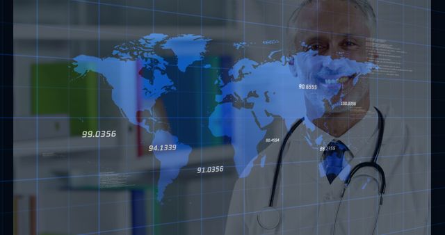 Smiling Doctor Behind Digital World Map with Medical Data - Download Free Stock Images Pikwizard.com