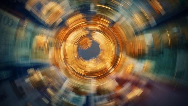 Spinning golden vortex of urban lights creating abstract circular motion with neon bokeh