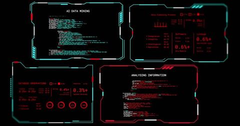 Displaying Futuristic Neon HUD Dashboard Showing Code, Data Mining and Telemetry Readouts