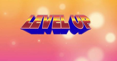 Retro LEVEL UP 3D Typography with Sunset Gradient, Deep Blue Shadow, Bokeh Glow
