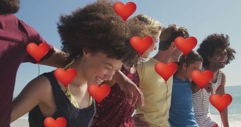 Happy Friends Laughing and Walking on Sunny Beach with Heart Icons