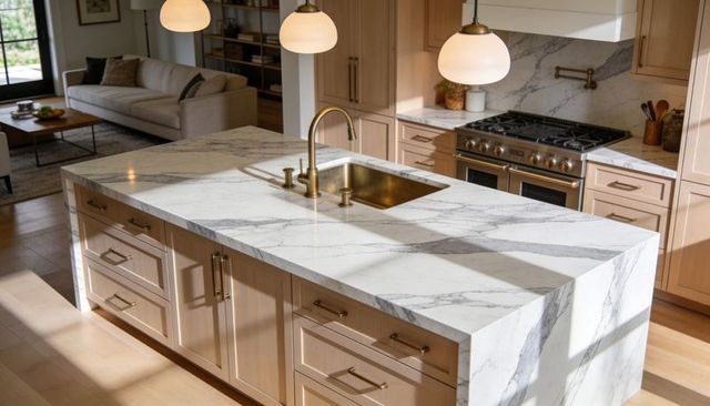 Marble waterfall kitchen island featuring undermount brass sink in bright open-plan space
