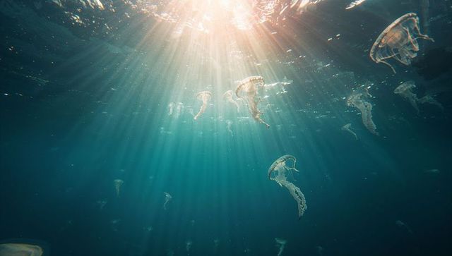 Translucent jellyfish gliding under serene sunlit ocean