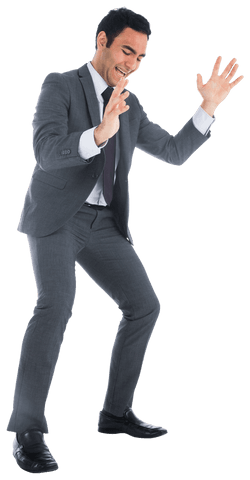 Transparent happy businessman in gray suit celebrating