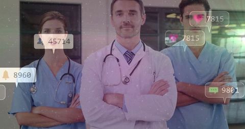 Modern Medical Team Standing with Social Media Interaction Icons Overlay