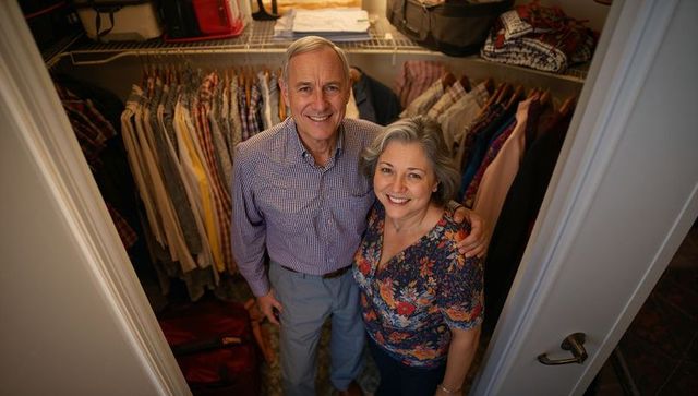 Senior couple standing in walk-in closet smiling while organizing wardrobe and luggage